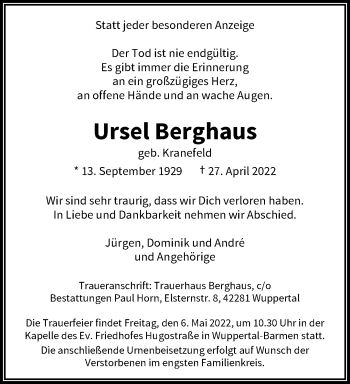 Traueranzeige von Ursel Berghaus von trauer.wuppertaler-rundschau.de