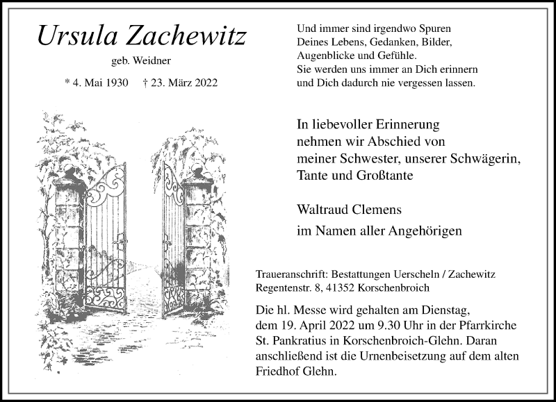  Traueranzeige für Ursula Zachewitz vom 10.04.2022 aus trauer.extra-tipp-moenchengladbach.de