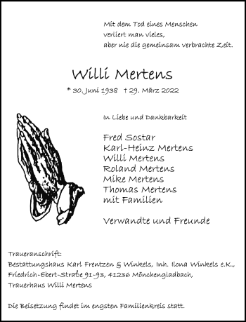Traueranzeige von Willi Mertens von trauer.extra-tipp-moenchengladbach.de