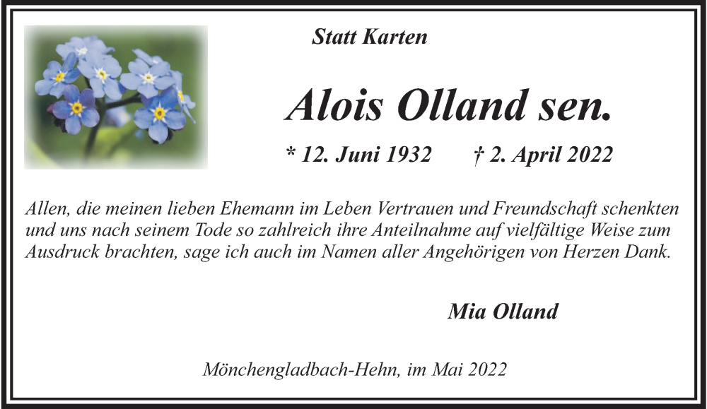  Traueranzeige für Alois Olland sen. vom 15.05.2022 aus trauer.extra-tipp-moenchengladbach.de
