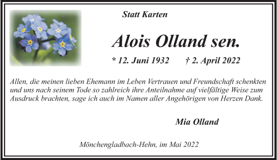 Traueranzeige von Alois Olland sen. von trauer.extra-tipp-moenchengladbach.de