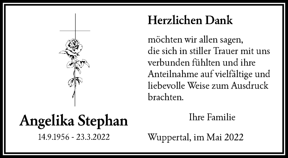  Traueranzeige für Angelika Stephan vom 14.05.2022 aus trauer.wuppertaler-rundschau.de