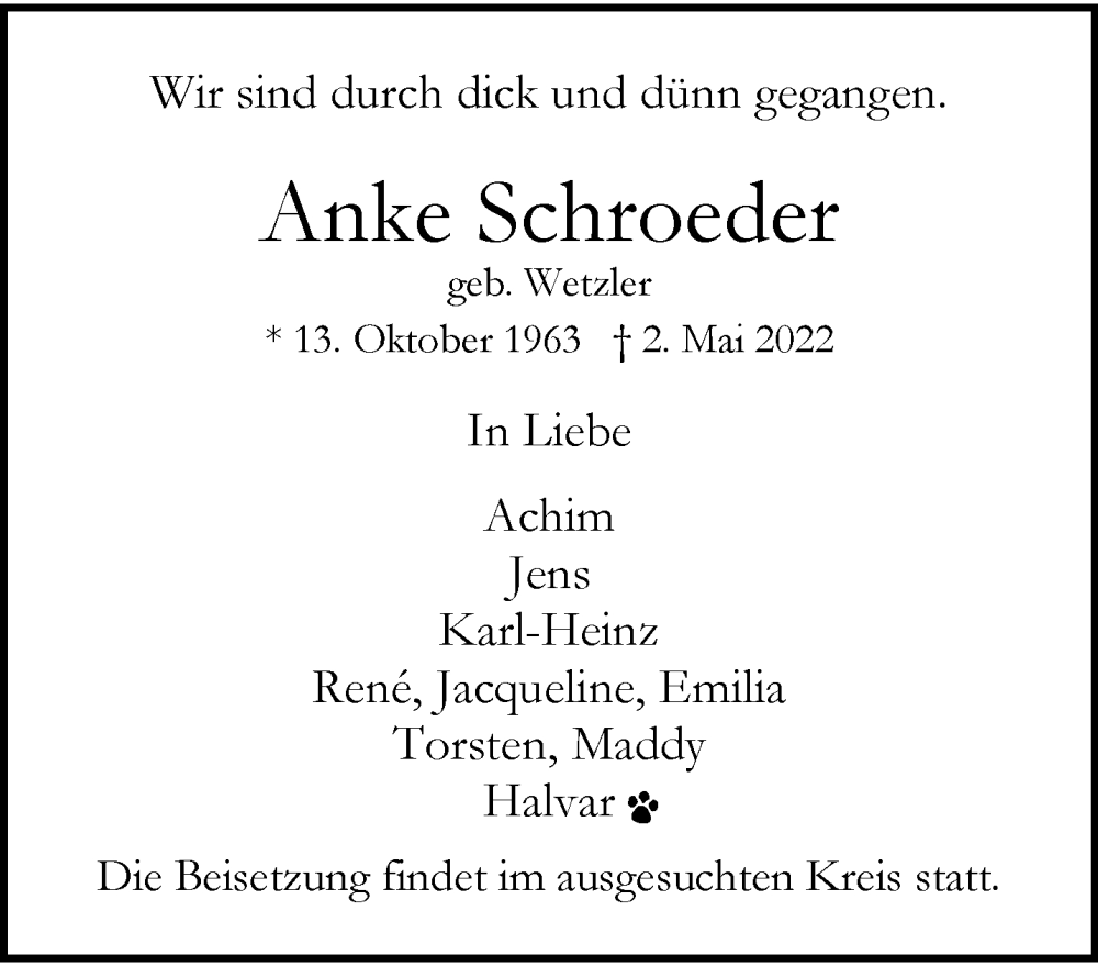  Traueranzeige für Anke Schroeder vom 07.05.2022 aus trauer.wuppertaler-rundschau.de