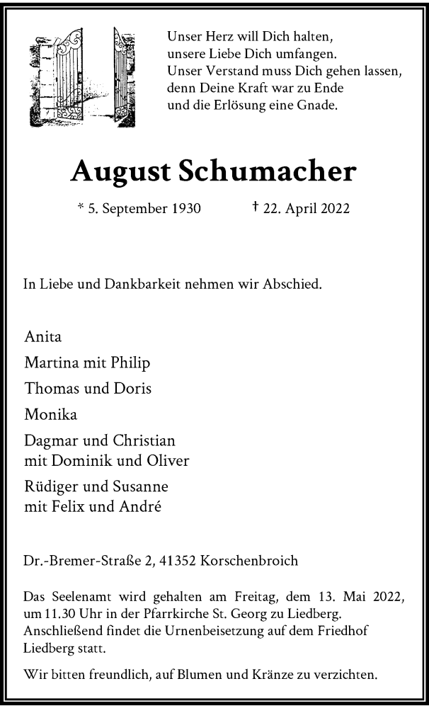  Traueranzeige für August Schumacher vom 08.05.2022 aus trauer.extra-tipp-moenchengladbach.de