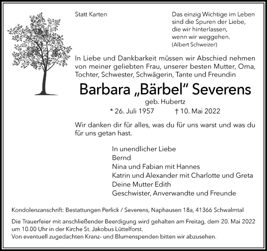 Traueranzeige von Barbara Severens von trauer.extra-tipp-moenchengladbach.de