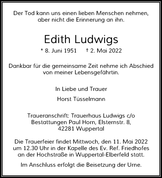 Traueranzeige von Edith Ludwigs von trauer.wuppertaler-rundschau.de