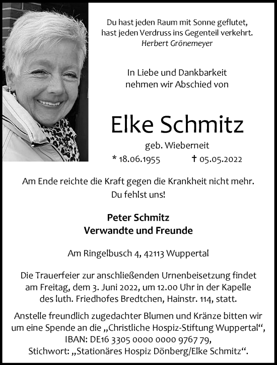 Traueranzeige von Elke Schmitz von trauer.wuppertaler-rundschau.de