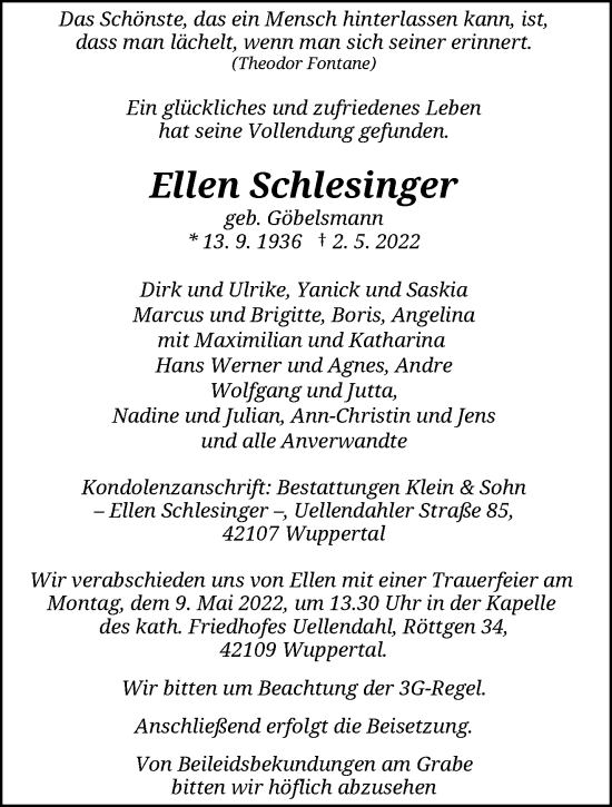 Traueranzeige von Ellen Schlesinger von trauer.wuppertaler-rundschau.de