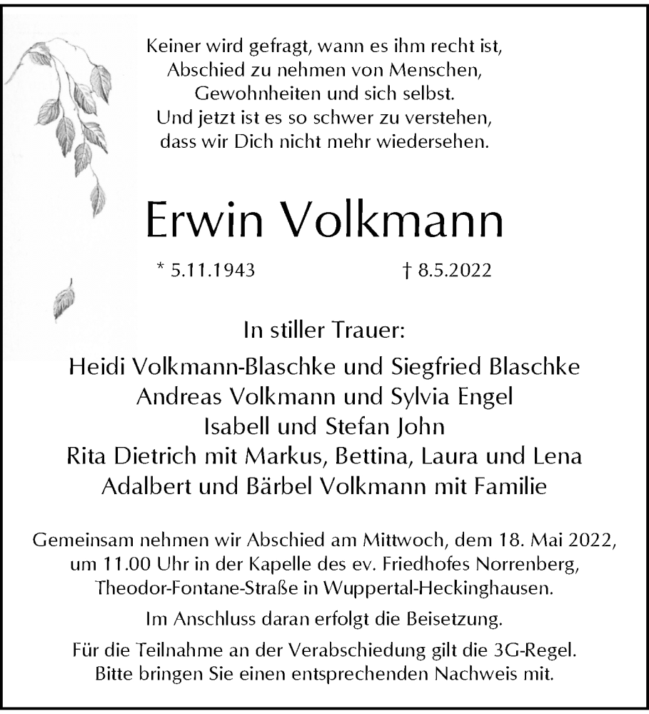  Traueranzeige für Erwin Volkmann vom 14.05.2022 aus trauer.wuppertaler-rundschau.de