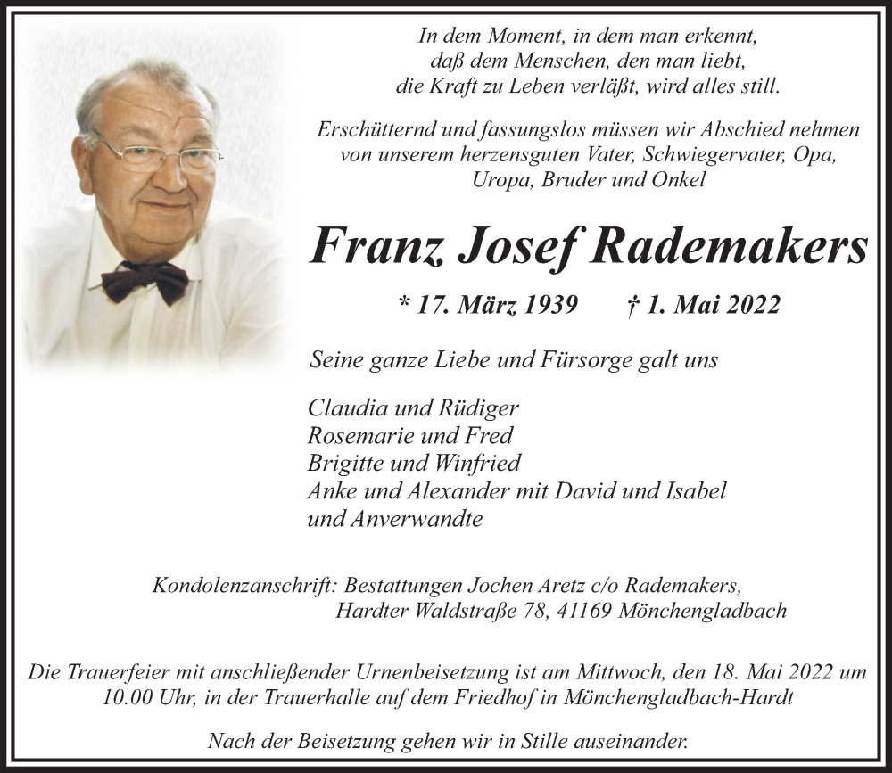  Traueranzeige für Franz Josef Rademakers vom 08.05.2022 aus trauer.extra-tipp-moenchengladbach.de
