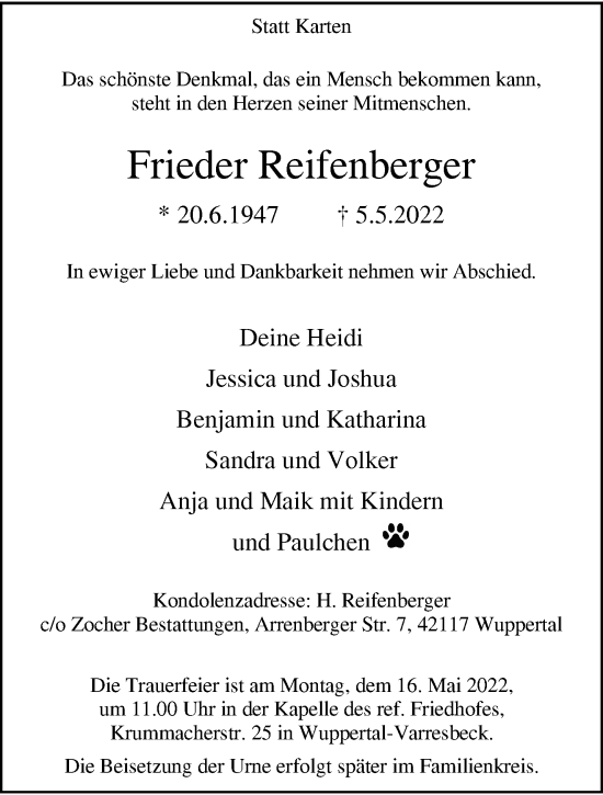 Traueranzeige von Frieder Reifenberger von trauer.wuppertaler-rundschau.de