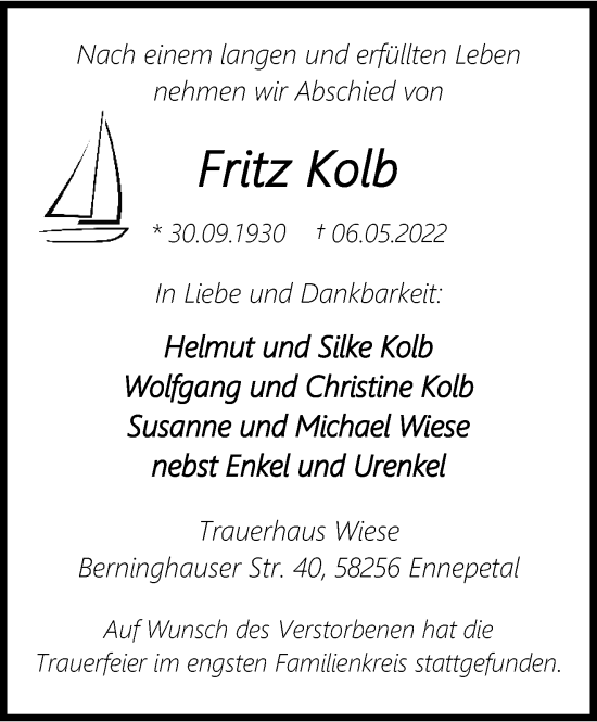 Traueranzeige von Fritz Kolb von trauer.wuppertaler-rundschau.de