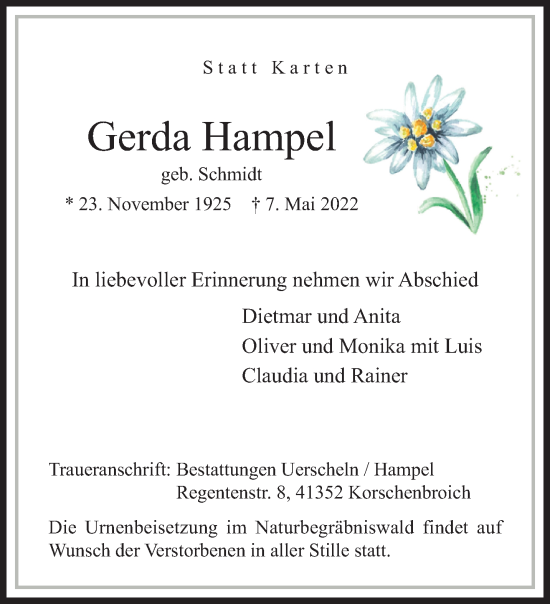 Traueranzeige von Gerda Hampel von trauer.extra-tipp-moenchengladbach.de