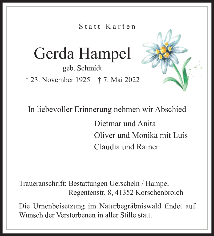  Traueranzeige für Gerda Hampel vom 15.05.2022 aus trauer.extra-tipp-moenchengladbach.de