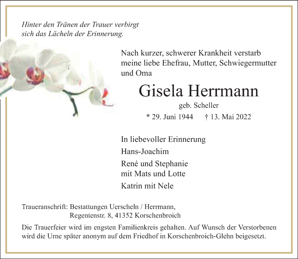  Traueranzeige für Gisela Herrmann vom 22.05.2022 aus trauer.extra-tipp-moenchengladbach.de