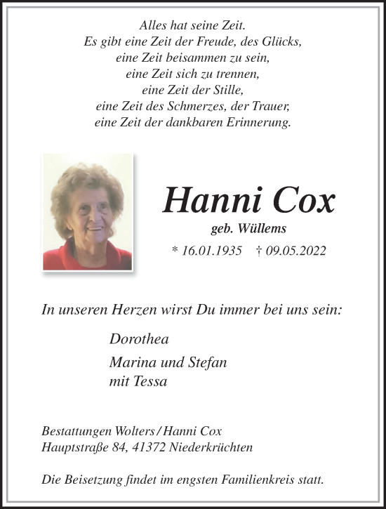 Traueranzeige von Hanni Cox von trauer.extra-tipp-moenchengladbach.de