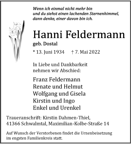 Traueranzeige von Hanni Feldermann von trauer.extra-tipp-moenchengladbach.de