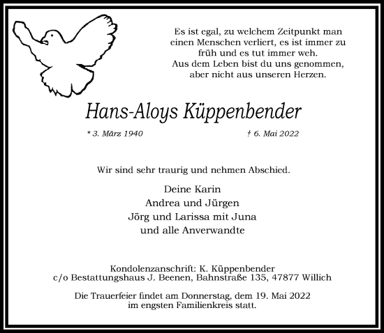 Traueranzeige von Hans-Aloys Küppenbender von trauer.extra-tipp-moenchengladbach.de