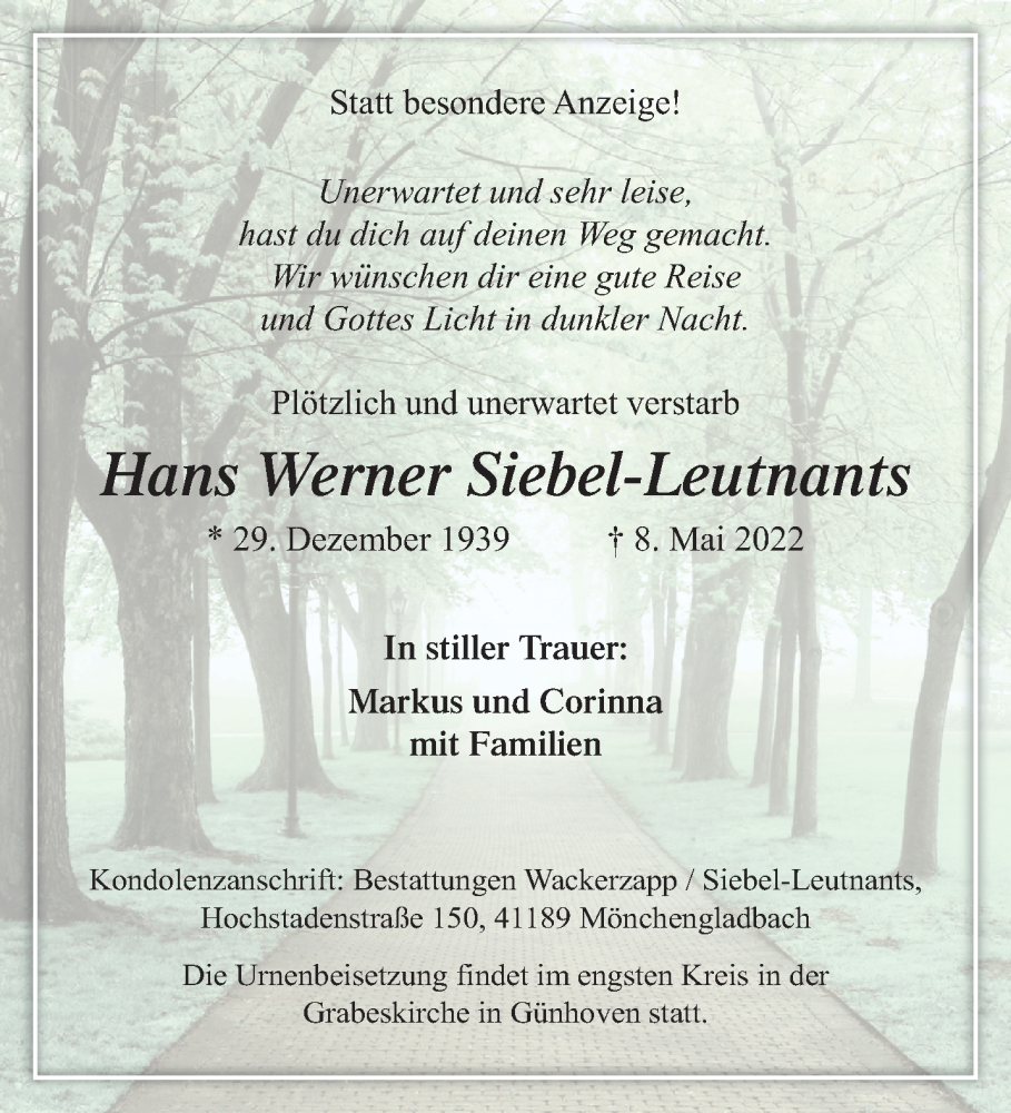  Traueranzeige für Hans Werner Siebel-Leutnants vom 15.05.2022 aus trauer.extra-tipp-moenchengladbach.de