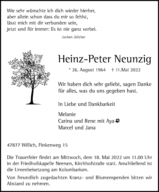 Traueranzeige von Heinz-Peter Neunzig von trauer.extra-tipp-moenchengladbach.de