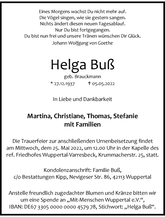 Traueranzeige von Helga Buß von trauer.wuppertaler-rundschau.de