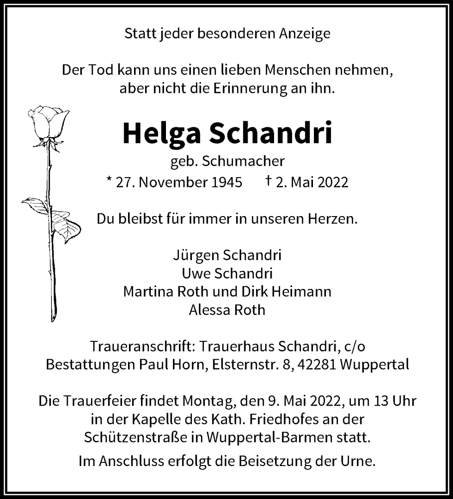  Traueranzeige für Helga Schandri vom 07.05.2022 aus trauer.wuppertaler-rundschau.de