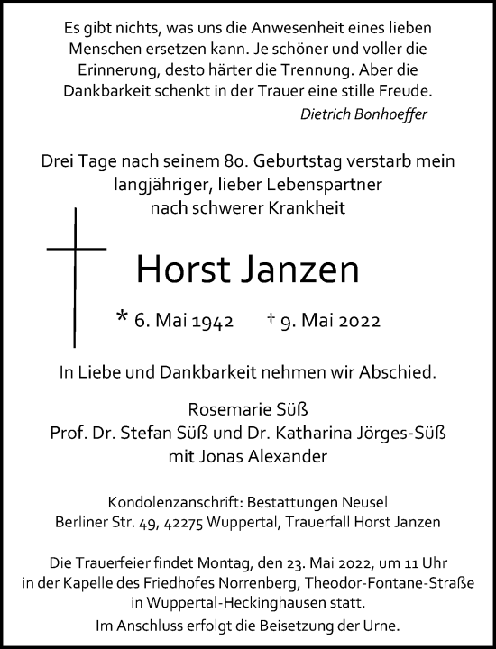 Traueranzeige von Horst Janzen von trauer.wuppertaler-rundschau.de