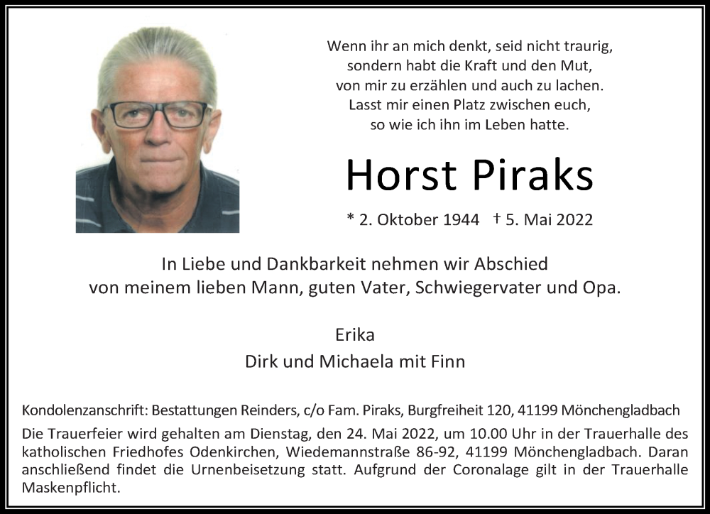  Traueranzeige für Horst Piraks vom 15.05.2022 aus trauer.extra-tipp-moenchengladbach.de