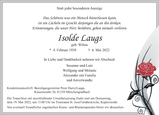 Traueranzeige von Isolde Laugs von trauer.extra-tipp-moenchengladbach.de
