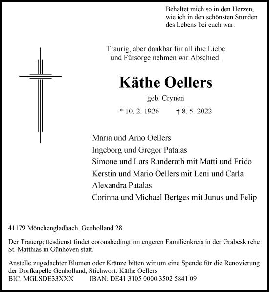 Traueranzeige von Käthe Oellers von trauer.extra-tipp-moenchengladbach.de