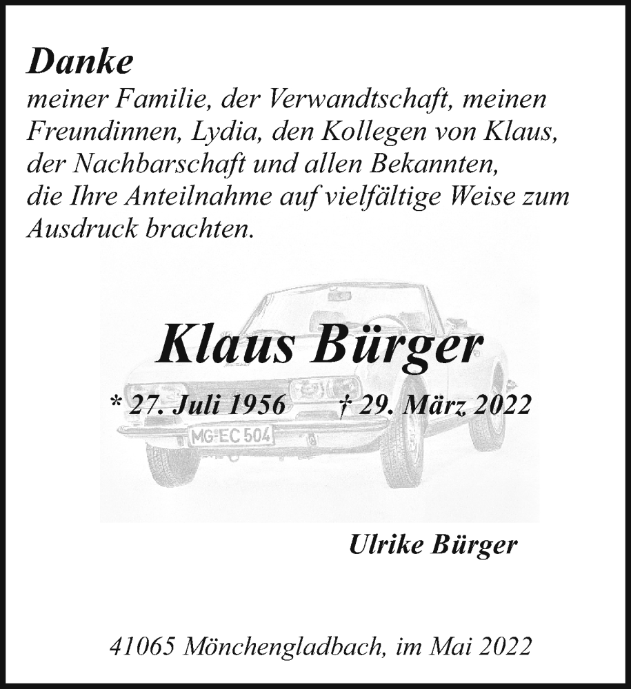  Traueranzeige für Klaus Bürger vom 08.05.2022 aus trauer.extra-tipp-moenchengladbach.de