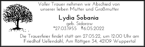 Traueranzeige von Lydia Sobania von trauer.wuppertaler-rundschau.de