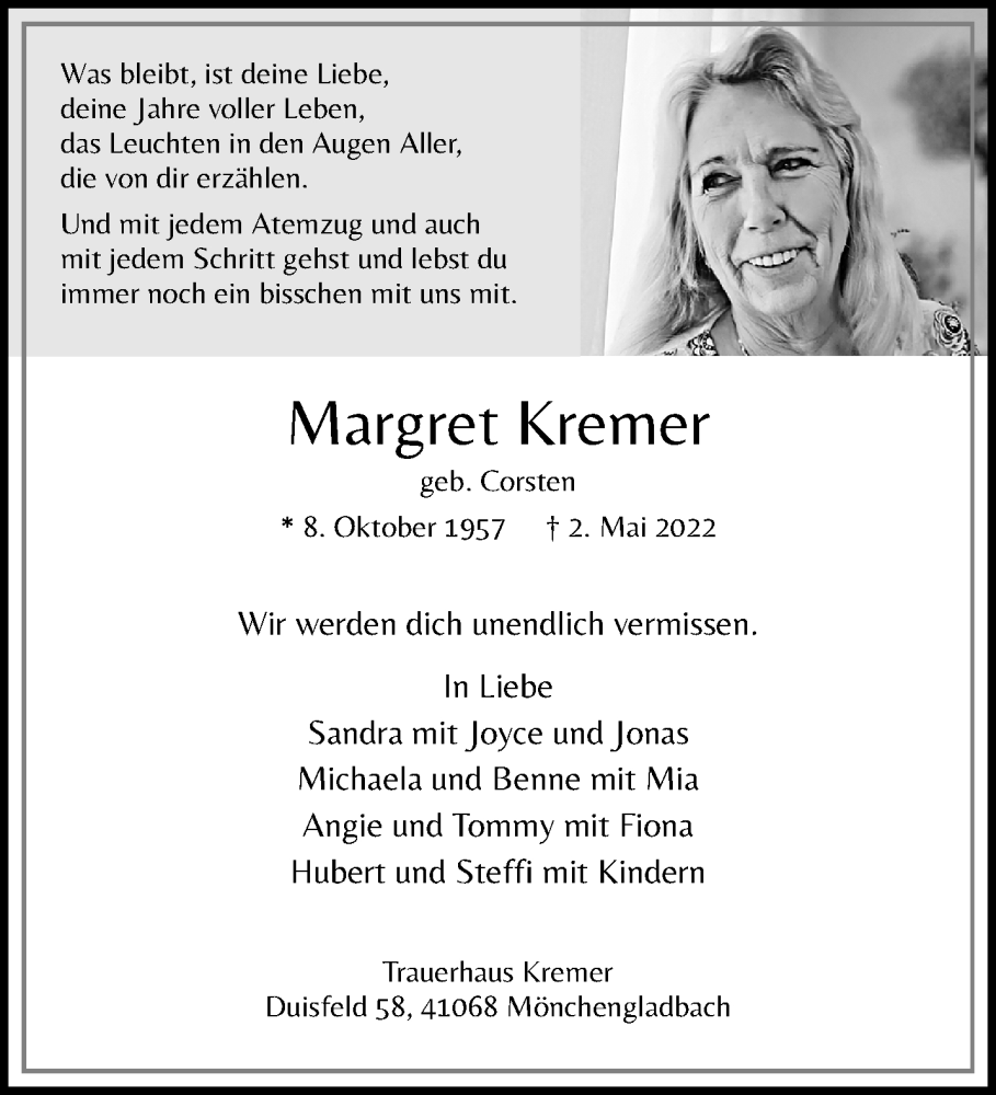  Traueranzeige für Margret Kremer vom 08.05.2022 aus trauer.extra-tipp-moenchengladbach.de