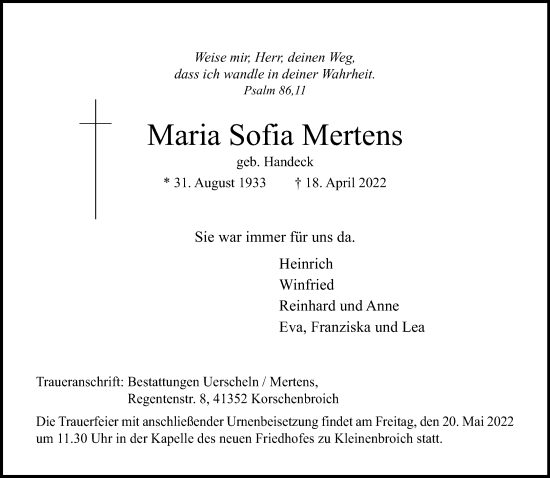 Traueranzeige von Maria Sofia Mertens von trauer.extra-tipp-moenchengladbach.de