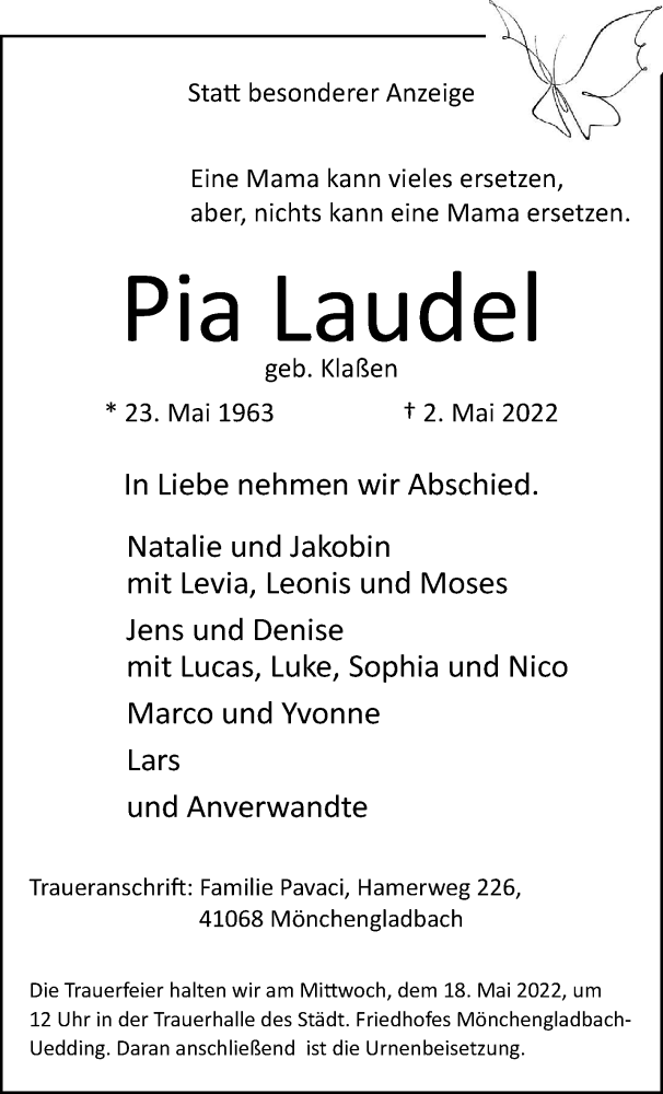  Traueranzeige für Pia Laudel vom 08.05.2022 aus trauer.extra-tipp-moenchengladbach.de