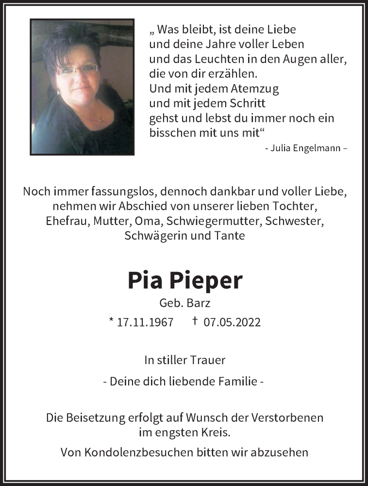 Traueranzeige für Pia Pieper vom 14.05.2022 aus trauer.wuppertaler-rundschau.de