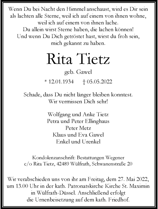 Traueranzeige von Rita Tietz von trauer.wuppertaler-rundschau.de