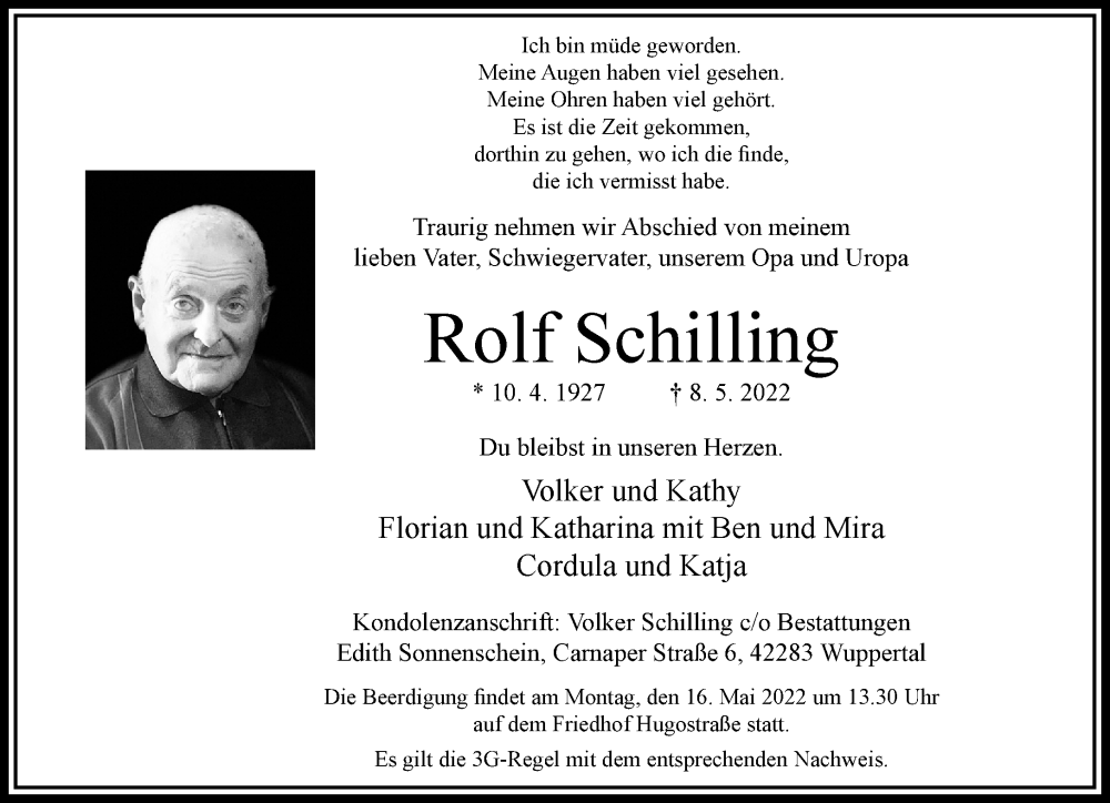  Traueranzeige für Rolf Schilling vom 14.05.2022 aus trauer.wuppertaler-rundschau.de