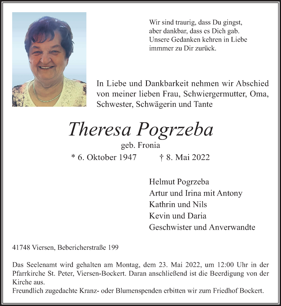  Traueranzeige für Theresa Pogrzeba vom 15.05.2022 aus trauer.extra-tipp-moenchengladbach.de