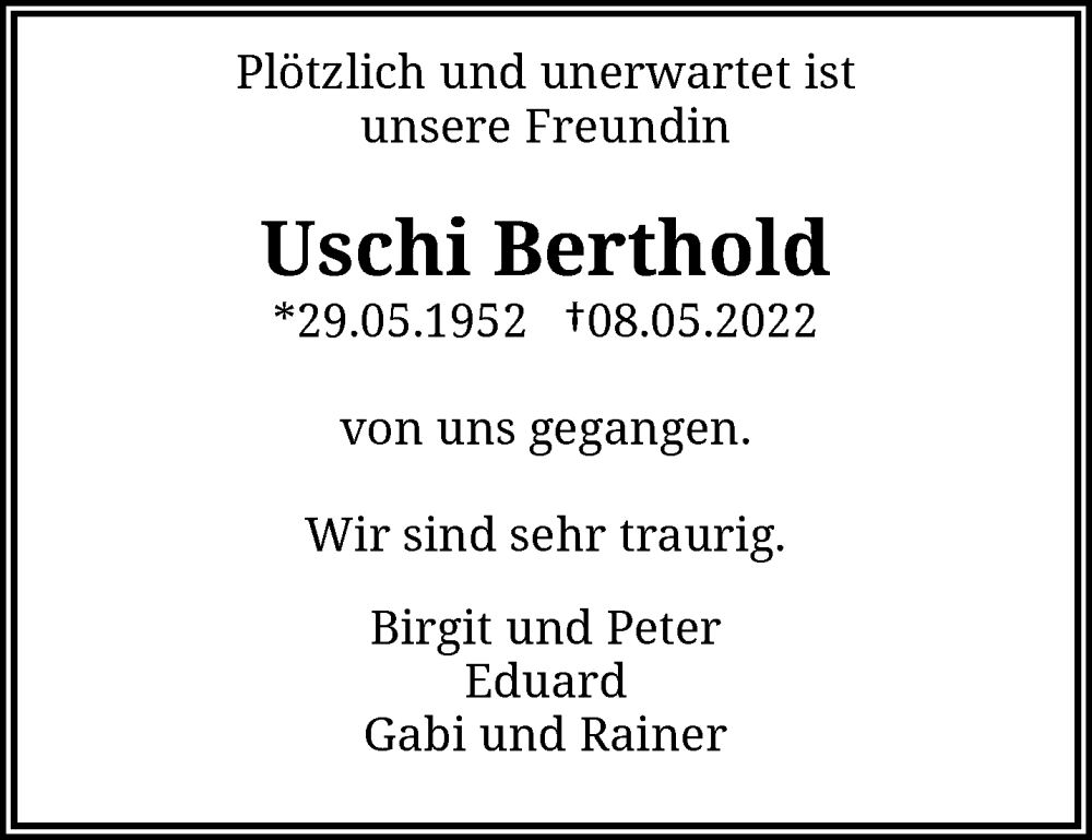  Traueranzeige für Uschi Berthold vom 14.05.2022 aus trauer.wuppertaler-rundschau.de