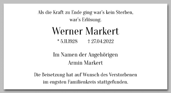Traueranzeige von Werner Markert von trauer.mein.krefeld.de