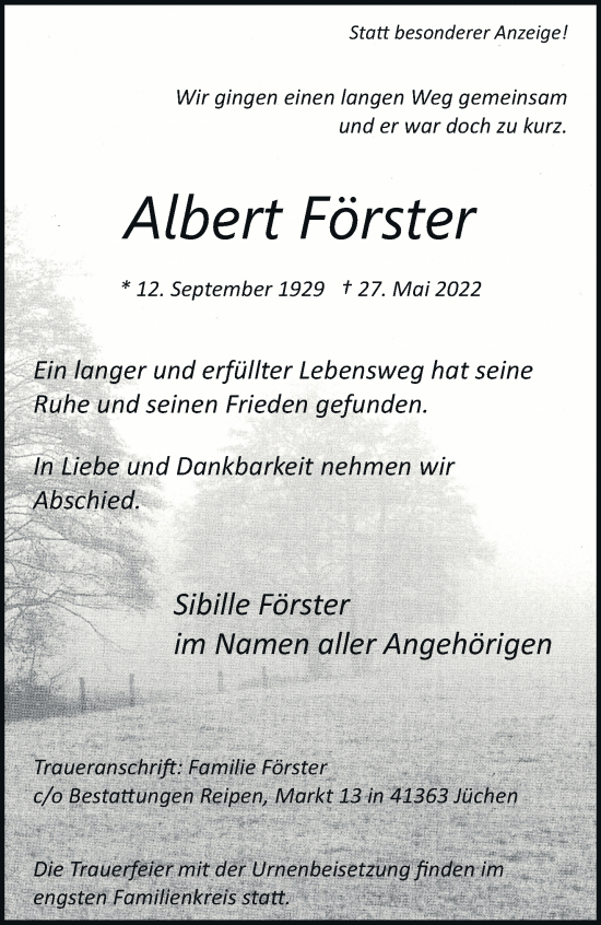 Traueranzeige von Albert Förster von trauer.stadt-kurier.de