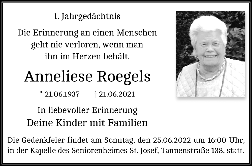  Traueranzeige für Anneliese Roegels vom 19.06.2022 aus trauer.mein.krefeld.de
