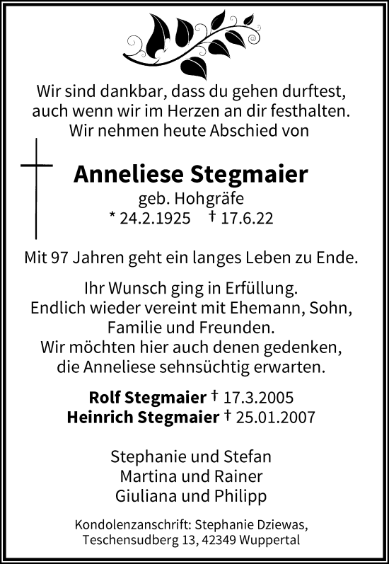 Traueranzeige von Anneliese Stegmaier von trauer.wuppertaler-rundschau.de