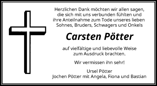 Traueranzeige von Carsten Pötter von trauer.wuppertaler-rundschau.de