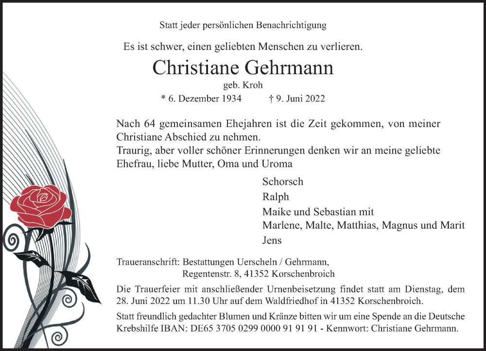  Traueranzeige für Christiane Gehrmann vom 19.06.2022 aus trauer.extra-tipp-moenchengladbach.de