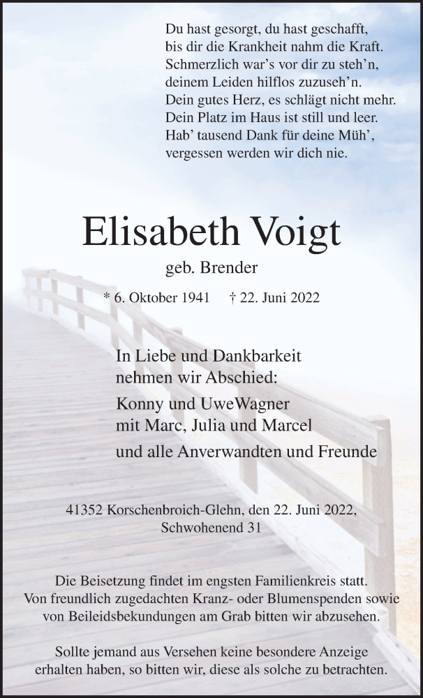  Traueranzeige für Elisabeth Voigt vom 26.06.2022 aus trauer.extra-tipp-moenchengladbach.de