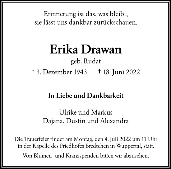 Traueranzeige von Erika Drawan von trauer.wuppertaler-rundschau.de