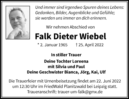Traueranzeige von Falk Dieter Wiebel von trauer.wuppertaler-rundschau.de