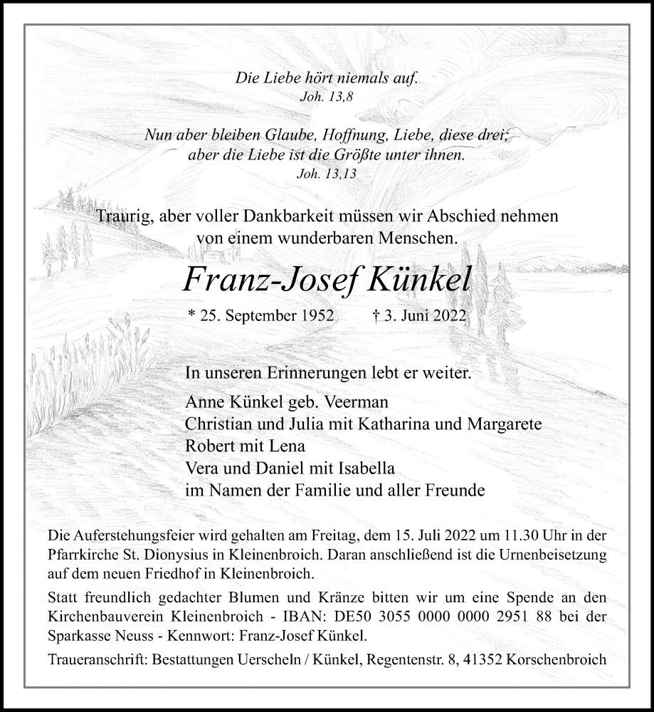  Traueranzeige für Franz-Josef Künkel vom 26.06.2022 aus trauer.extra-tipp-moenchengladbach.de